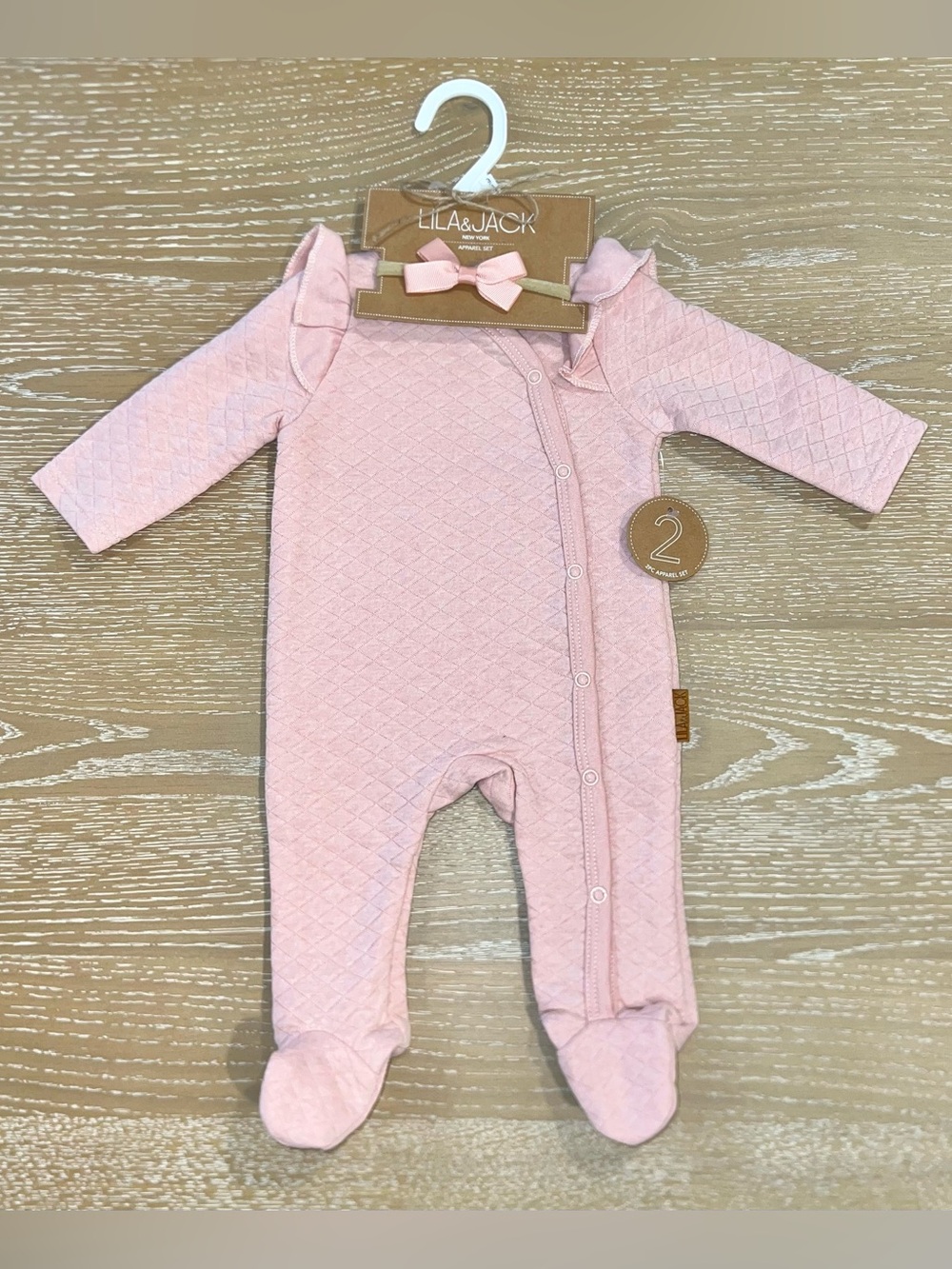 Lila & Jack Quilted Footed Romper Footie Bow Headband Set 3-6M NWT Pink Button
